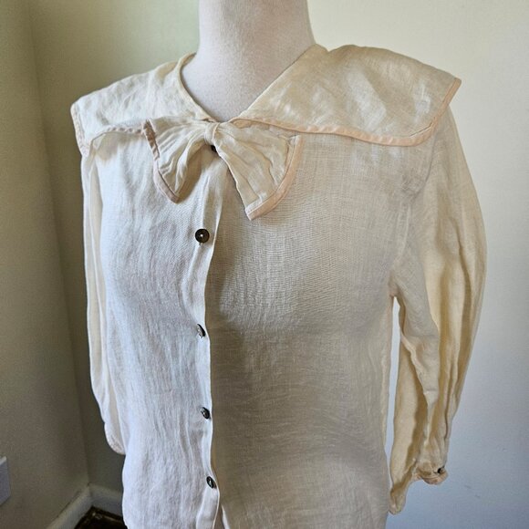Vintage 90s Cullinane 100% Linen Sailor Collar Blouse Neck Bow Long Sleeve 6/S - Picture 2 of 9